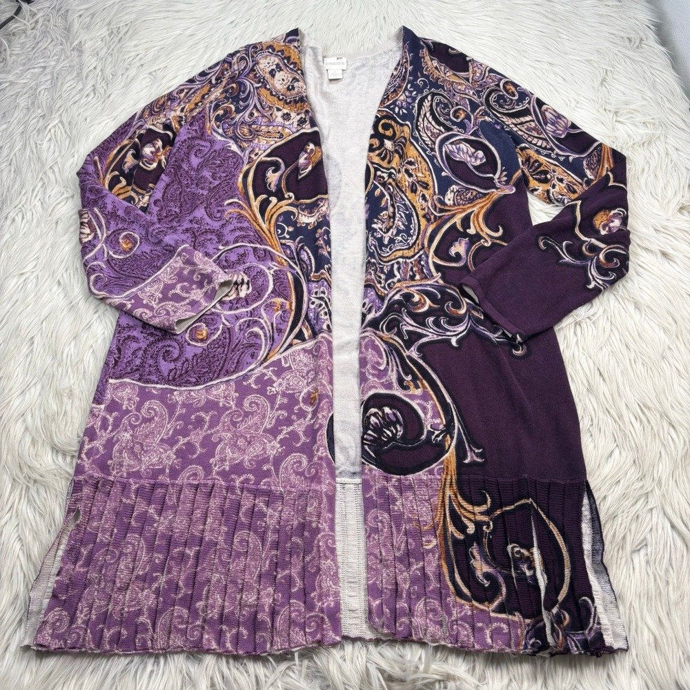 Chico's Women's S (1) Purple Floral Filagree Pleated Hem Long Line Open Cardigan
